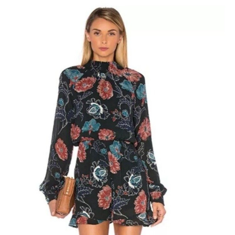 ASTR the Label Floral Mock Neck Long Sleeve Romper Black Red Teal Small